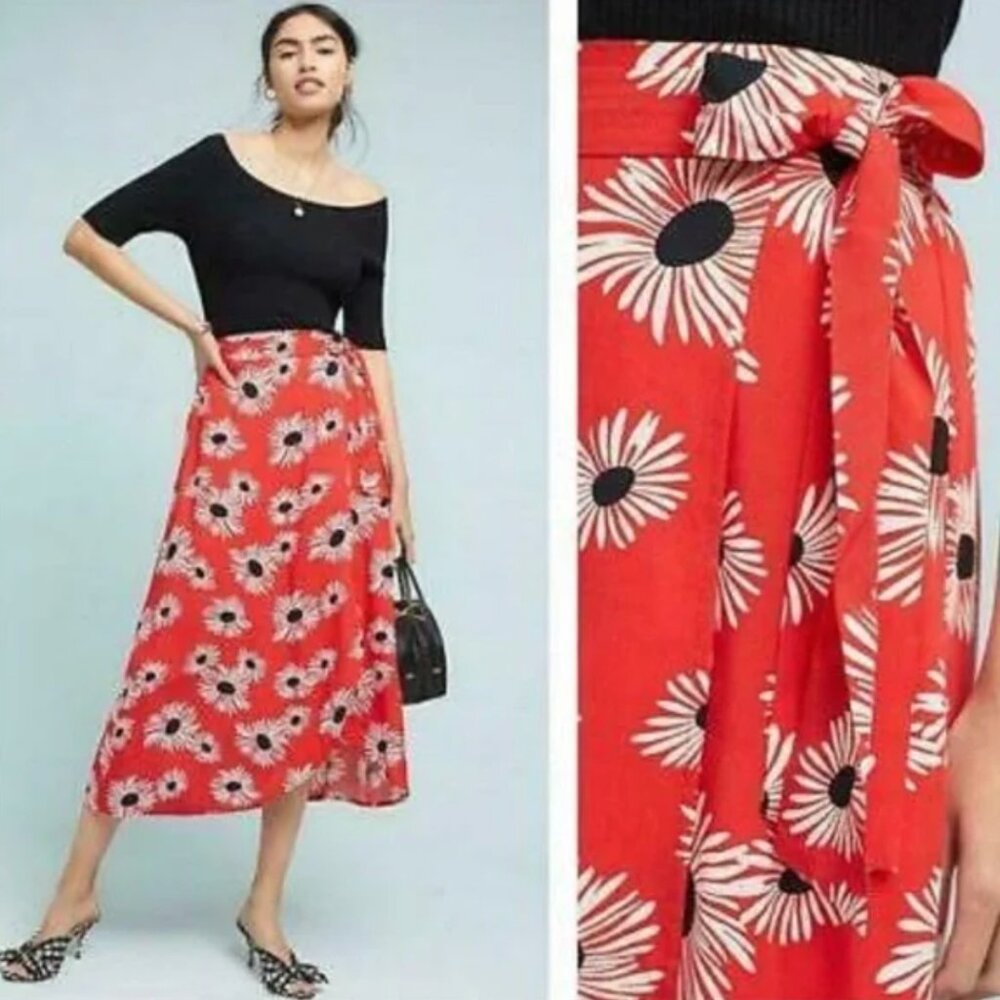 Anthropologie 37/52 Coversations Red Floral Wrap tie Asymmetrical Skirt